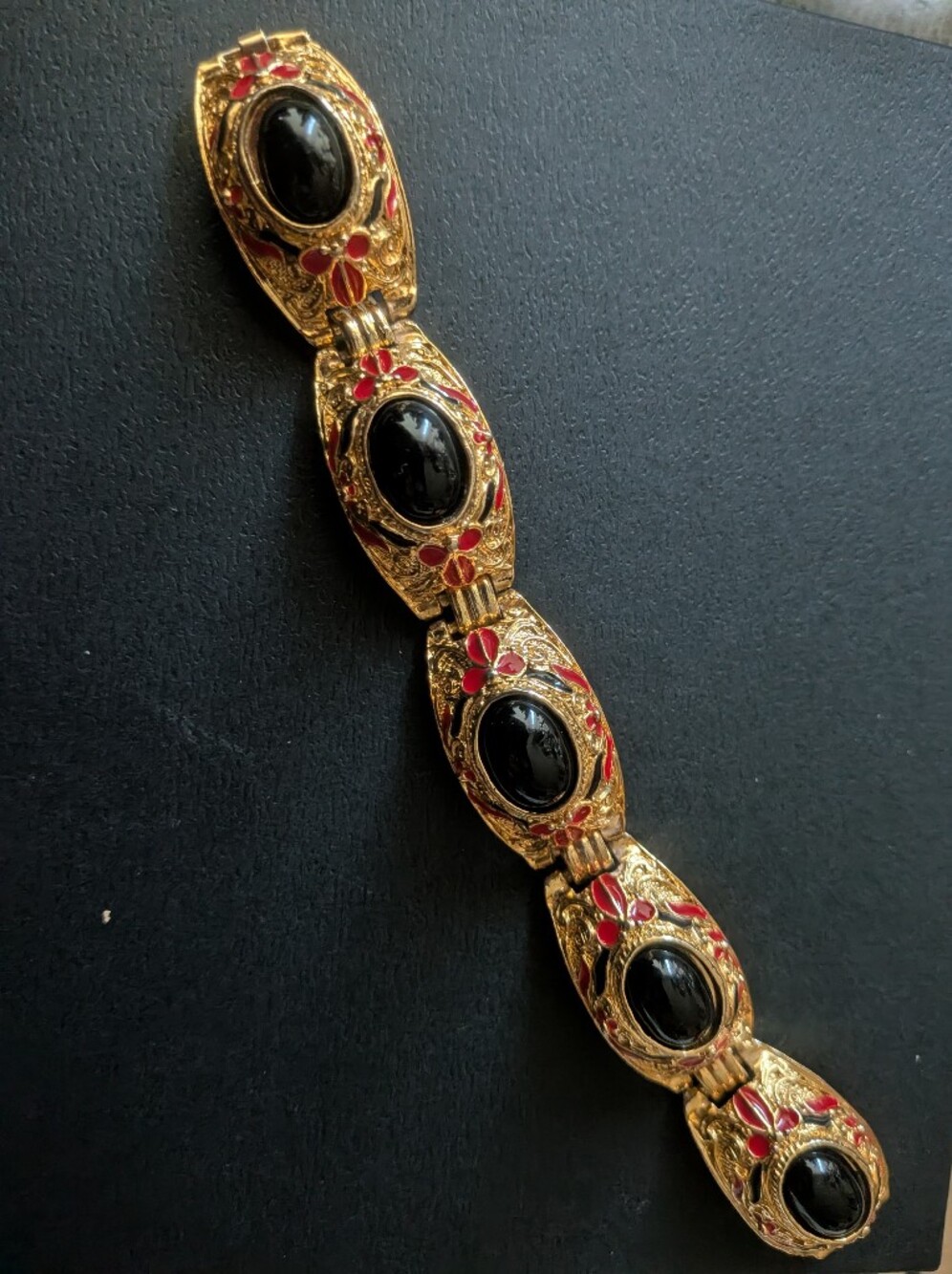Vintage Gold Tone Black Cabochon Red Enamel Link Statement Bracelet